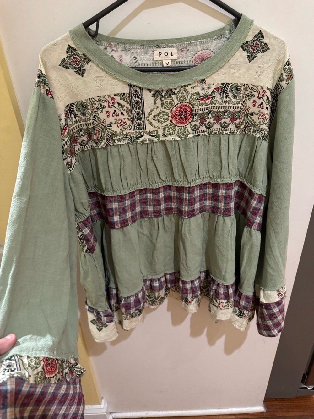POL Sage Green Patchwork Tunic with Red Floral Accents - Picture 2 of 9